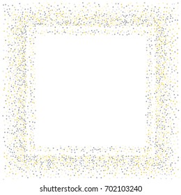 Square metallic confetti frame or border of random scatter golden and silvery circles, squares, stars, triangles and pentagons isolated on white.