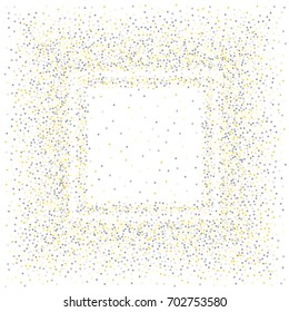 Square metallic confetti frame or border of random scatter golden and silvery circles, squares, stars, triangles and pentagons isolated on white.