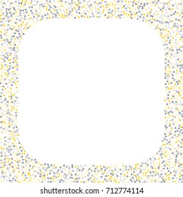 Square metallic confetti frame or border of random scatter golden and silvery circles, squares, stars, triangles and pentagons isolated on white.