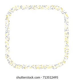 Square metallic confetti frame or border of random scatter golden and silvery circles, squares, stars, triangles and pentagons isolated on white.