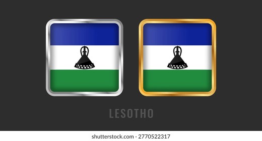 Square metallic gold and silver labels with the flag of Lesotho. High-quality icons for Basotho products, manufacturing origin, and national certification.