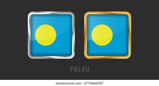 Square metallic labels with the flag of Palau in gold and silver frames. Premium Palauan origin certification emblems for local products and global exports.