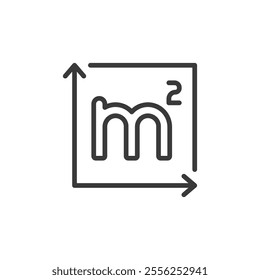 Square meter, icon in line design. Square, meter, area, measurement, size, dimension, space on white background vector. Square meter editable stroke icon