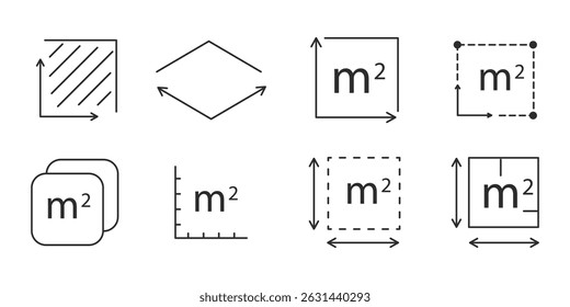 Square meter icon line quantity area, m2 measuring area sign symbol. Simple territory measurement. Flat area square meter.