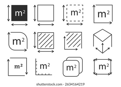 Square meter icon line quantity area, m2 measuring area sign symbol. Simple territory measurement. Flat area square meter.