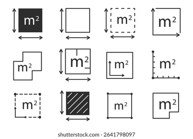 Square meter icon line quantity area, m2 measuring area sign symbol. Simple territory measurement. Flat area square meter.