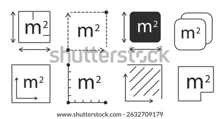Square meter icon line quantity area, m2 measuring area sign symbol. Simple territory measurement. Flat area square meter.