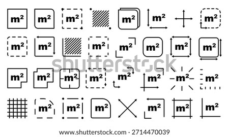 Square meter icon m2 in a clean outline style, representing area measurement and land dimension. Simple pictogram for real estate, construction, architecture, mapping, and property size indication. Vector illustration isolated on white background.