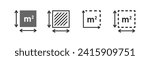 Square Meter icon. M2 sign. Flat area in square meters. Measuring land area symbol. Place dimension, high quality vector outline illustration.