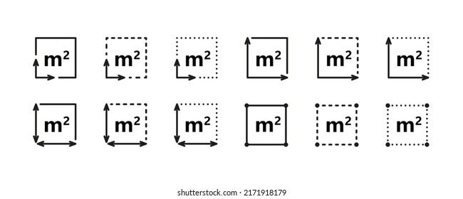 Square Meter icon. M2 sign. Flat area in square metres . Measuring land area icon. Place dimension pictogram. Vector outline illustration isolated on white background. - Shutterstock ID 2171918179