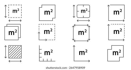 Square meter icon with M2 sign. Vector outline illustration of flat area measurement. Symbol for land size, house dimensions, real estate, or room square meters in linear style