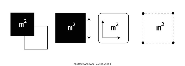 Square Meter icon. M2 sign. Flat area in square metres . Measuring land area icon. Place dimension pictogram. Vector outline illustration isolated on white background.