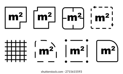Quadratmetersymbol mit M2-Zeichen, das eine flache Flächenmessung in Quadratmetern darstellt. Messland- oder Raumbereichssymbol. Piktogramm der Bemaßung in sauberem Umrissstil platzieren. Vektorgrafik einzeln auf weißem Hintergrund.