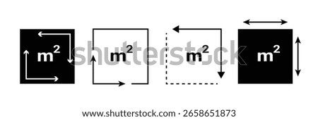 Square Meter icon. M2 sign. Flat area in square metres . Measuring land area icon. Place dimension pictogram. Vector outline illustration isolated on white background.