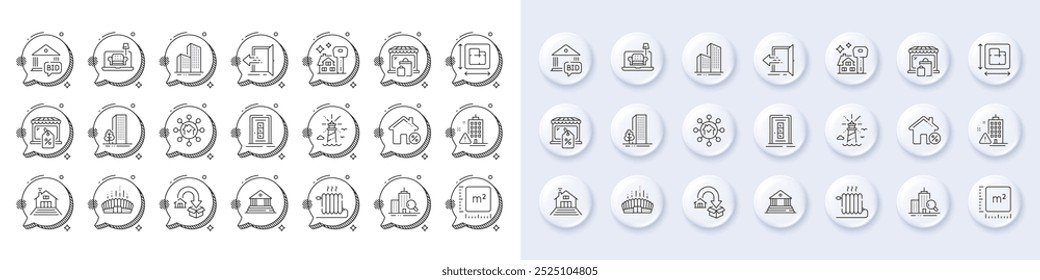 Metros quadrados, Farol e ícones de linha de venda de mercado. Botões 3d de pino branco, ícones de bolhas de chat. Pacote de Inspeção, Edifícios, Ícone de casa de empréstimo. Mercado, Terraço, Pictograma do estádio Arena. Vetor