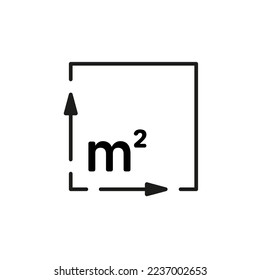 Square meter, size surface m2 icon. Measuring area dimension sign. Measure of place with length and width arrow. Quantity square metre of space. Vector