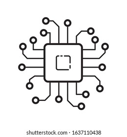 Square microchip with wires icon. Line art logo for digital tech, computer system. Black simple illustration. Contour isolated vector image on white background. Symbol of high technology industry