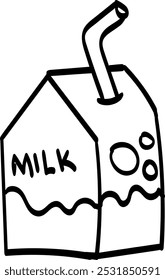 A square milk carton with an absorbent, symbolizing healthy food rich in calcium, in doodle style.