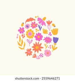 Square minimalist card with bright abstract flowers in a round shape