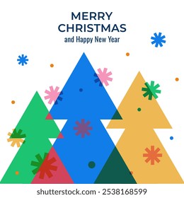 Square minimalist greeting card, holiday poster with Merry Christmas and Happy New Year. Modern trendy Christmas banner design with effects and elements of overlay and transparency