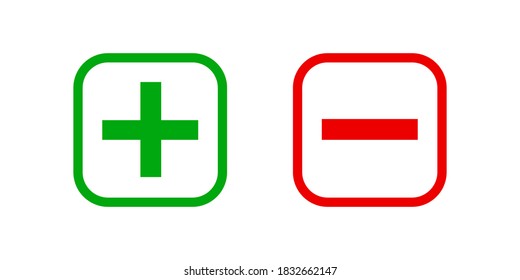 square minus and plus sign icons graphic, negative and positive symbol isolated on white, anode cathode sign red and green square buttons, vector