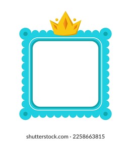 Marco de espejo cuadrado con corona para la ilustración vectorial de bebés. Dibujo de caricatura de espejo para la pequeña princesa aislada de fondo blanco. Magia, infancia, concepto de mobiliario