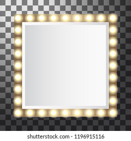 Square mirror with light bulbs, vector illustration isolated on transparent background