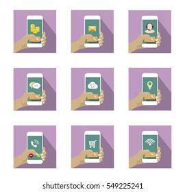 Square Mobile Icons Set with hand holding smartphone