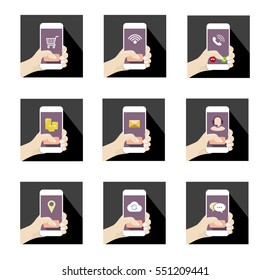 Square Mobile Icons Set with hand holding smartphone