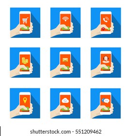 Square Mobile Icons Set with hand holding smartphone