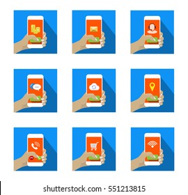 Square Mobile Icons Set with hand holding smartphone