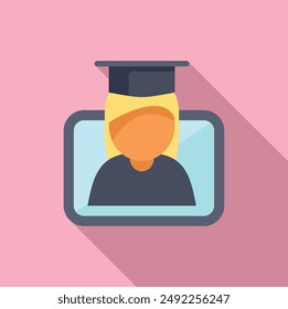 Square modern pink graduation cap avatar icon in flat design representing scholarly achievement and academic success in online education and elearning