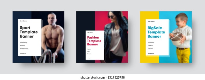 Modelos de banners vetoriais modernos quadrados para redes sociais com lugar para foto e retângulo para manchete. Design universal para esportes, moda, vendas, negócios. Conjunto