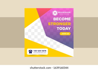 Square modern vector banners templates for social networks with place for photo and headline. Universal design for sports, fashion, sales, business. Combination yellow and gradient pink purple colors.