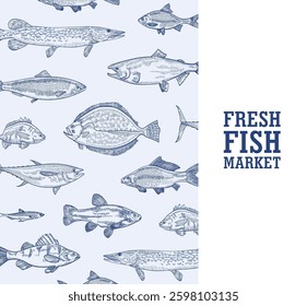 Square monochrome banner template with fish living in sea, ocean or river hand drawn with contour lines on blue background and place for text. Realistic vector illustration for market advertisement.