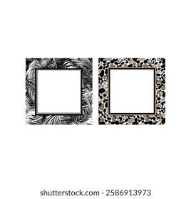 Square monochrome frames for discount labels, sale tag, book title, signboard, menu, bag design or photo frame with fun-leaved palms and pebbles texture. Part 3