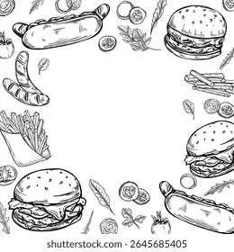 Square monochrome vector frame with American fast food. Hotdog, burger, fries, grilled sausages, vegetables graphic line art sketch. Traditional street food for food delivery apps, packaging design.