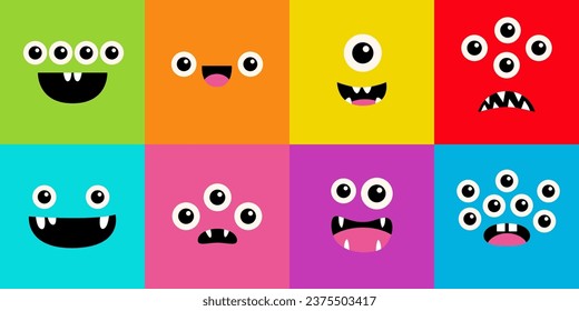 Square monster face head set banner. Happy Halloween. Spooky Smiling Boo screaming sad face emotion. Cute character. Eyes, tongue, teeth fang, mouse. Flat design style. Baby kids background. Vector