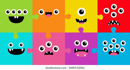 Cara de monstruo cuadrado fijada banner. Juego de puzzle. Feliz Halloween. Espeluznante Sonriente Boo gritando triste cara emoción. Lindo personaje. Ojos, dientes, colmillos, ratón. Diseño plano. Fondo de los niños del bebé. Vector