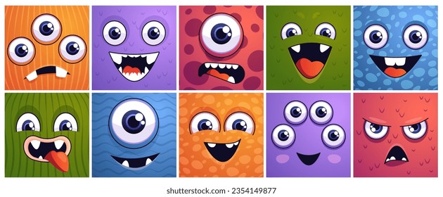 Square monster faces. Cartoon alien and dinosaur faces square banners, funny alien creature mascot with emotion expressions. Vector isolated collection of emoticon funny, cartoon emotion illustration