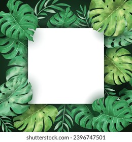Square monstera leaves frame in watercolor