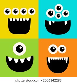 Square monsters. Happy Halloween. Cute monster face head set line banner. Spooky Smiling Boo screaming sad face emotion. Eyes, teeth fang, open mouse. Flat design. Colorful background. Vector