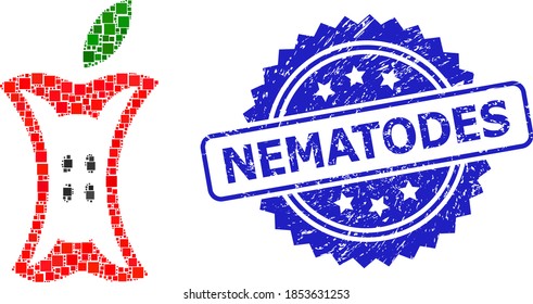 Square mosaic apple stump and NEMATODES corroded stamp seal. Blue stamp seal includes NEMATODES text inside rosette. Vector apple stump mosaic is done from randomized rectangular items.
