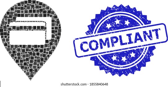 Quadratzoll-Kartenzeiger und COMPLIANT gekratzte Stempeldichtung. Blauer Stempel enthält COMPLIANT-Text in Rosette. Vektorbankkartenzeiger-Mosaik wird mit zufälligen Rechteckelementen erstellt.