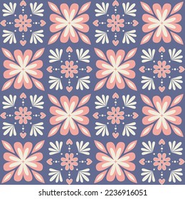Square mosaic for decorating, ceramic tile design purple pink color, ornate arabic moroccan pattern