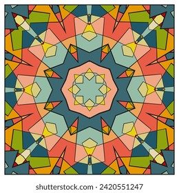 Panel cuadrado de mosaico con patrones geométricos concéntricos. Elemento decorativo para un proyecto de diseño. Paleta multicolor. Ilustración del vector