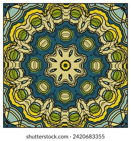 Panel cuadrado de mosaico con patrones geométricos concéntricos. Elemento decorativo para un proyecto de diseño. Paleta multicolor. Versión No. 5. Ilustración del vector