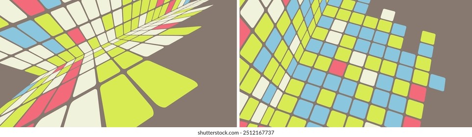 Padrão de mosaico quadrado no chão e na articulação da parede. Fundo geométrico abstrato com efeito 3D. Ilustração vetorial para capa, cartão, cartão postal, design de interiores, banner, cartaz, brochura ou apresentação.
