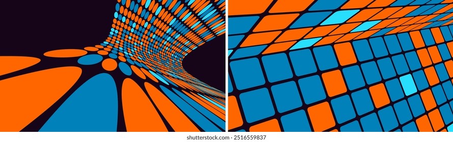 Square mosaic pattern on floor and wall joint. Wavy background with circles, goes into perspective. 3d vector illustration for cover, card, postcard, banner, poster, brochure or presentation.