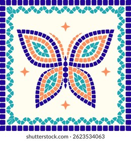 Uma telha de mosaico quadrado com design de borboleta de mosaico em tons de laranja azul escuro e azul escuro e azul escuro.
